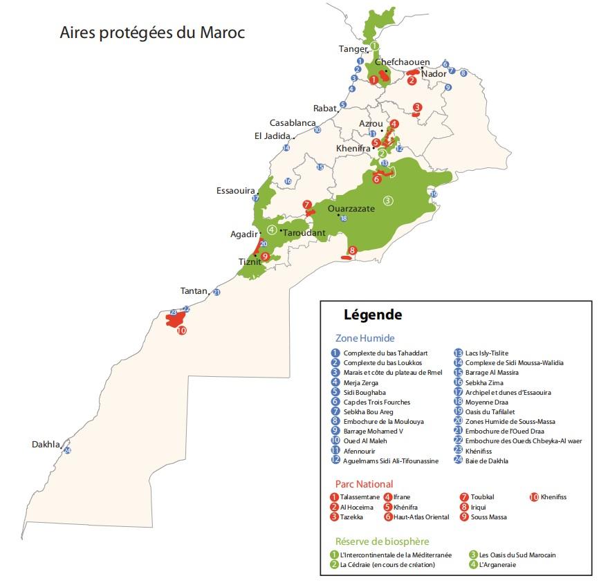 carte es aires protégées au Maroc